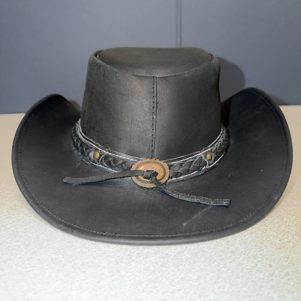 COV-VER Mens LEATHER Cowboy Hat W/ Band Medium Black Breaded Band Western